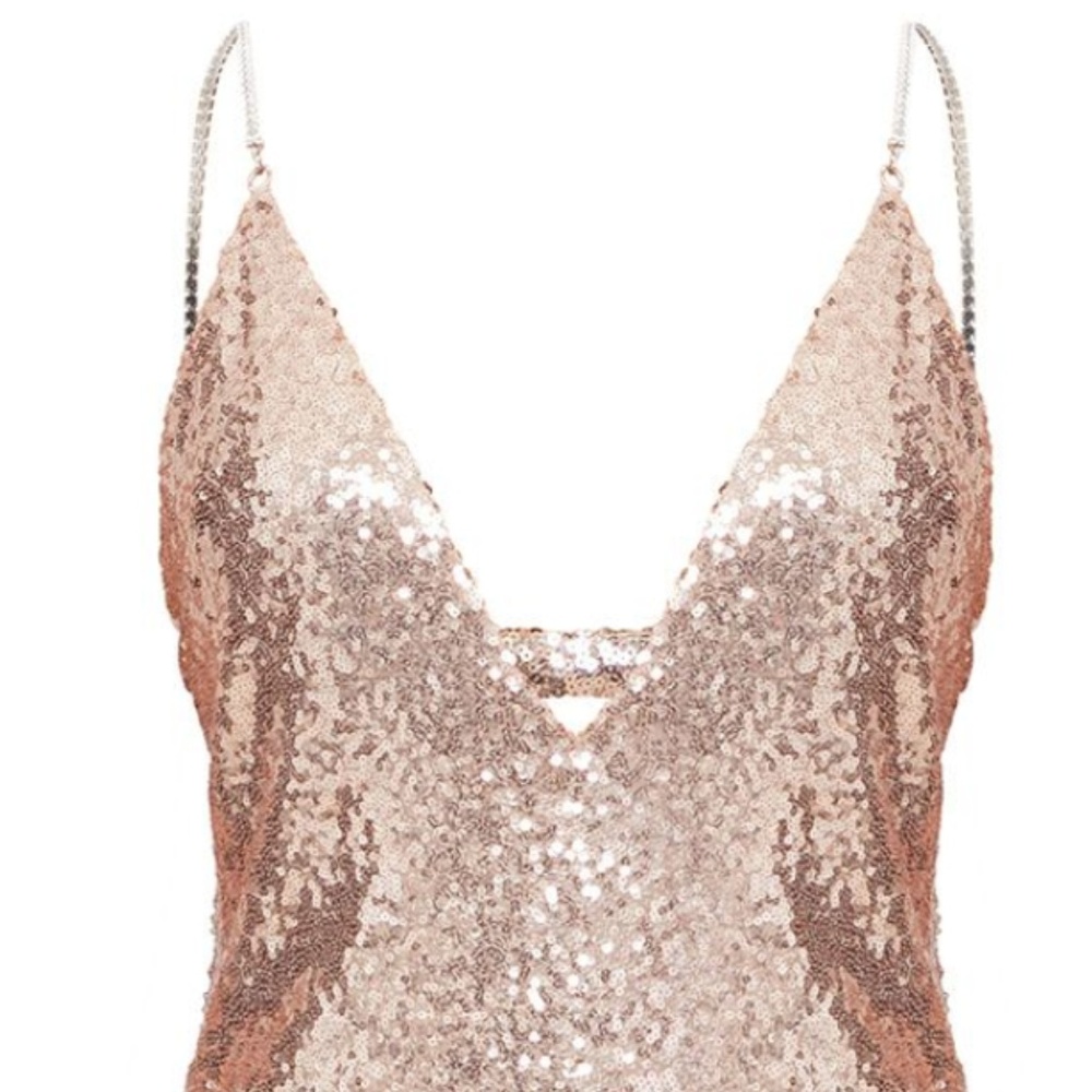 ROSE GOLD CHAIN STRAP SEQUIN PLUNGE BODYCON DRESS